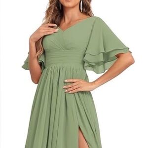 Elegant Sage Ruffle Sleeve Chiffon Evening Gown/Bridesmaid Dress (New w/Tags)